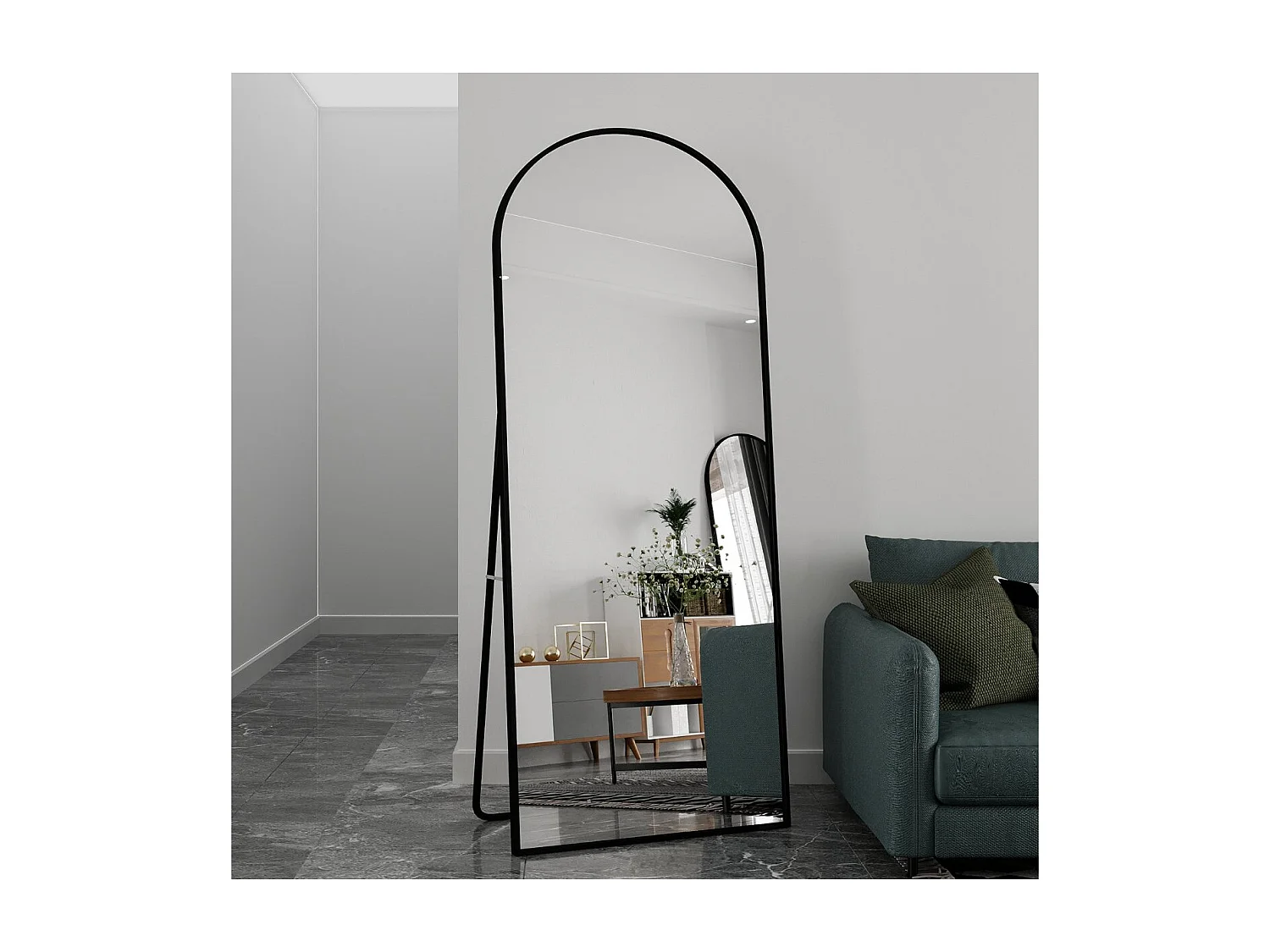Un miroir arqué sur pied avec un cadre doré convient à une chambre de style moderne et minimaliste.