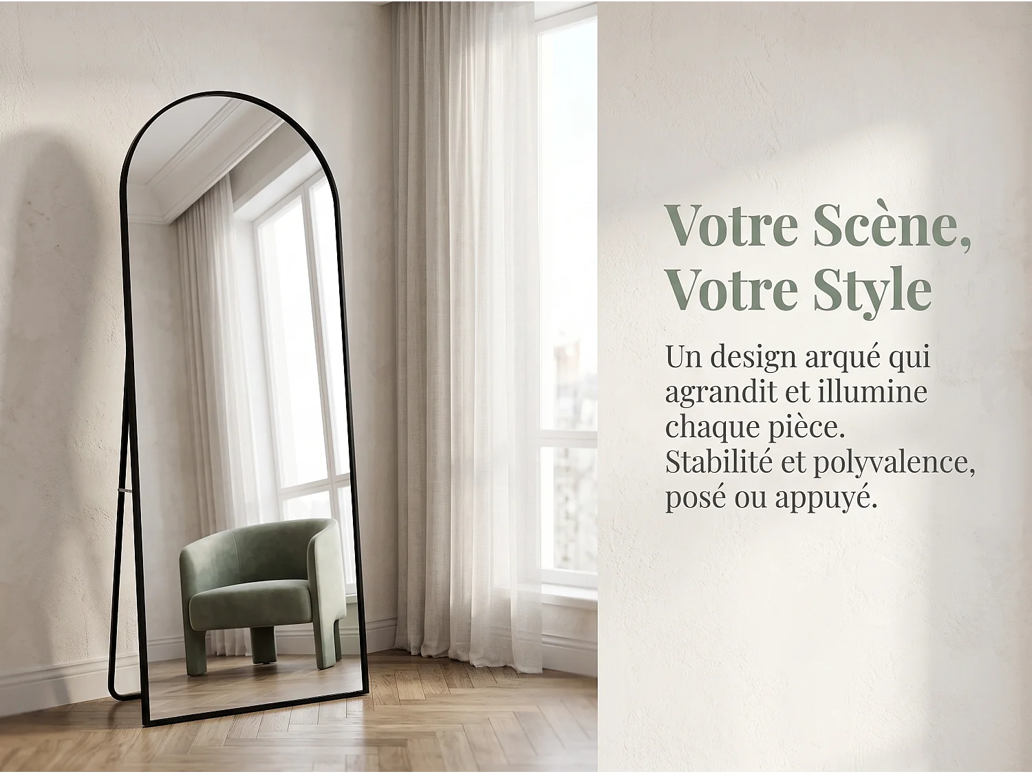 Miroir sur pied incurvé 180 x 80 cm - cadre en alliage d'aluminium - verre trempé - grand format - Noir