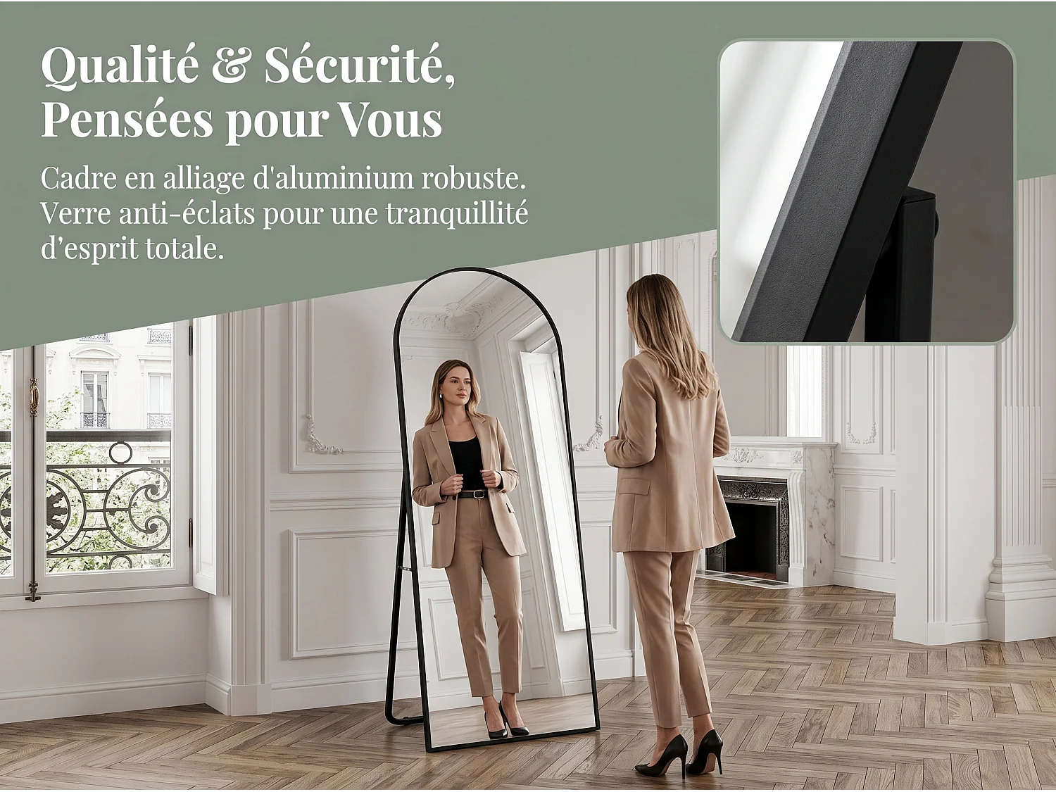 Miroir sur pied incurvé 180 x 80 cm - cadre en alliage d'aluminium - verre trempé - grand format - Noir