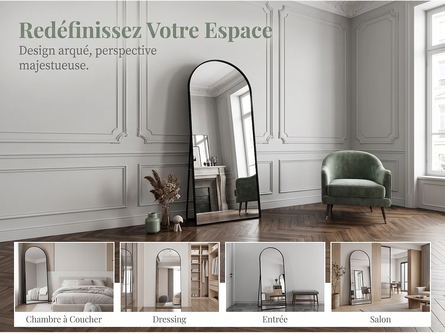 Miroir sur pied incurvé 180 x 80 cm - cadre en alliage d'aluminium - verre trempé - grand format - Noir