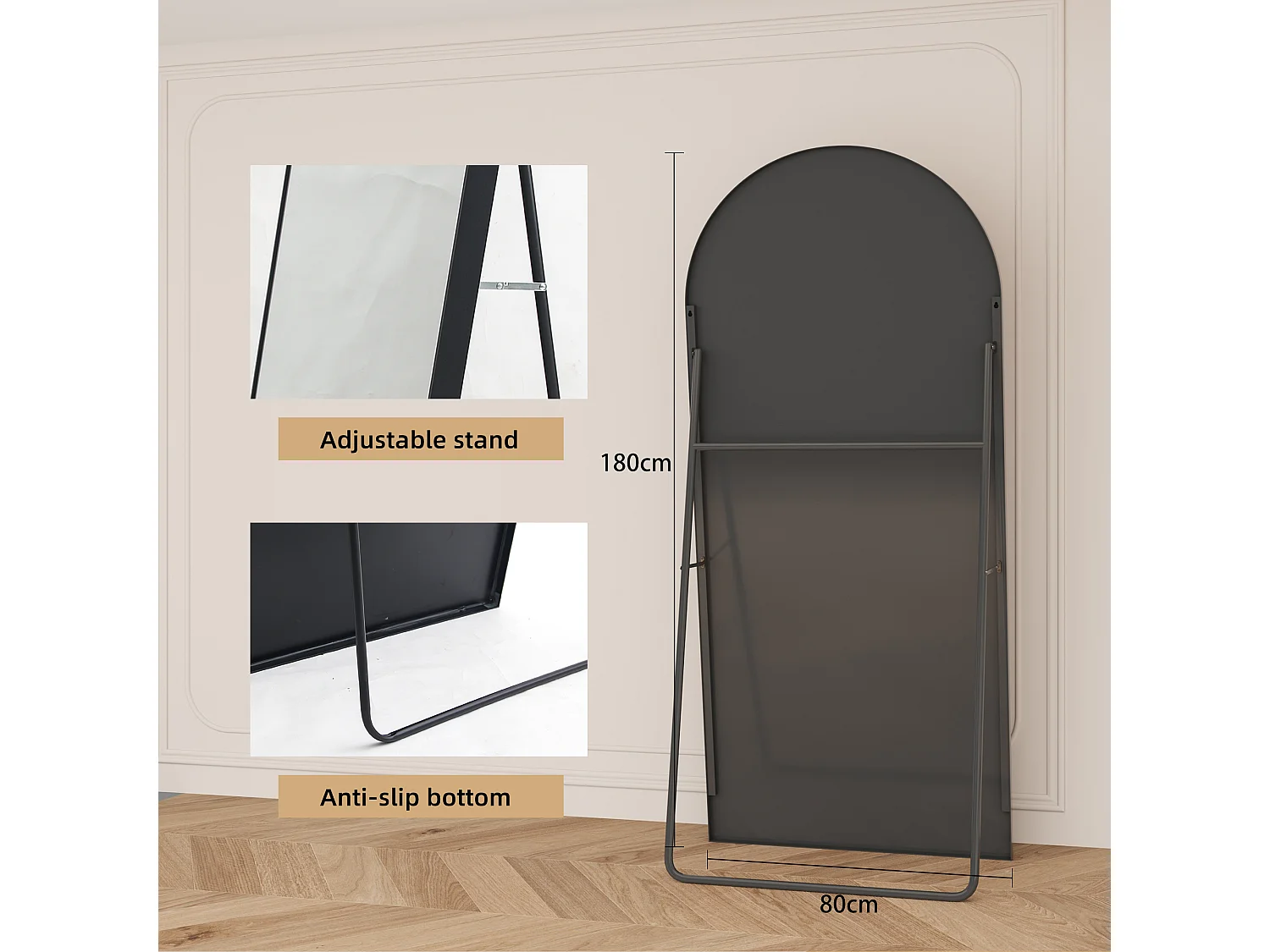 Miroir sur pied incurvé 180 x 80 cm - cadre en alliage d'aluminium - verre trempé - grand format - Noir