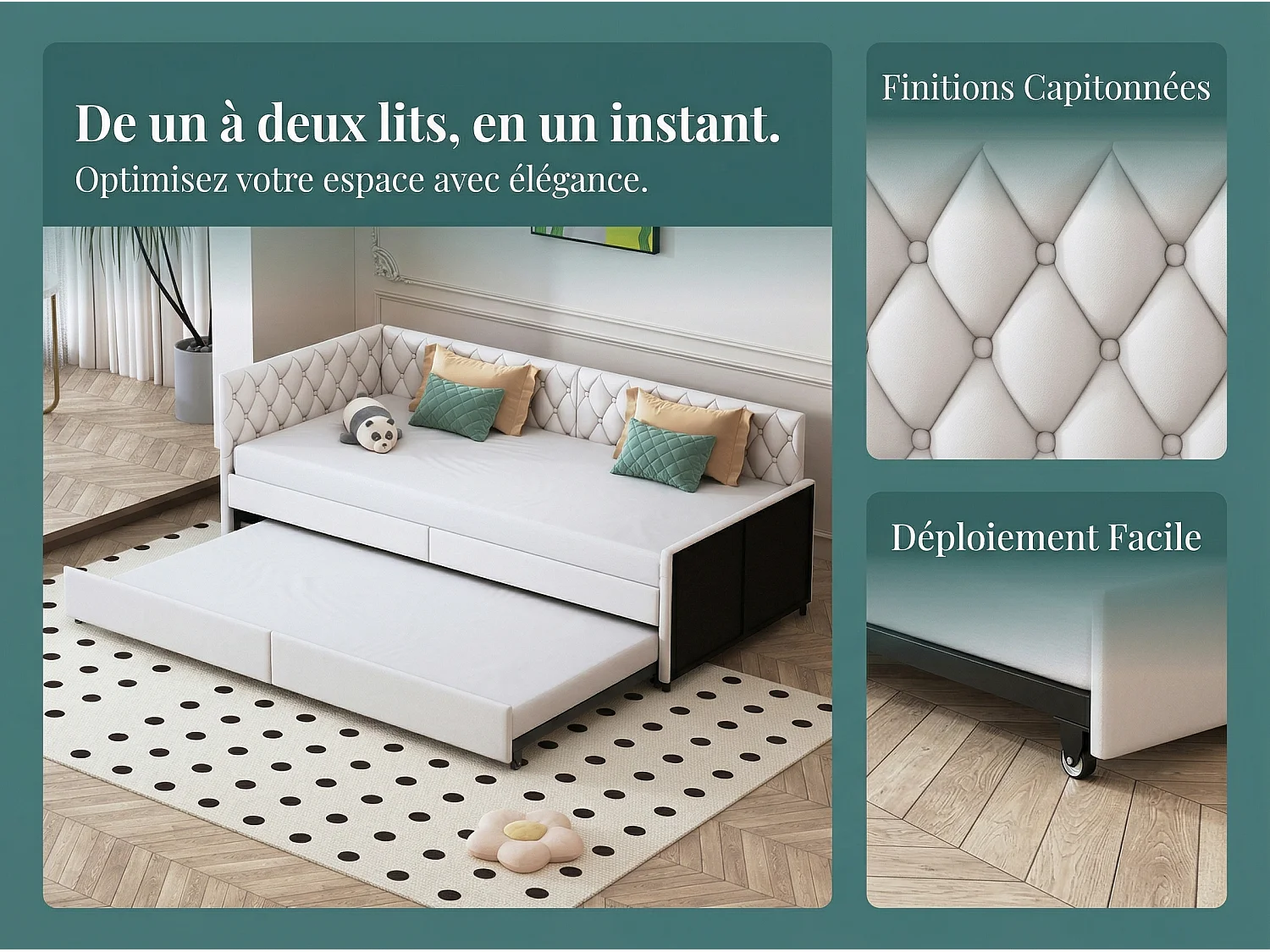 Canapé d’angle convertible avec lit gigogne et coffre, canapé lit 3 places, tissu beige, gain de place