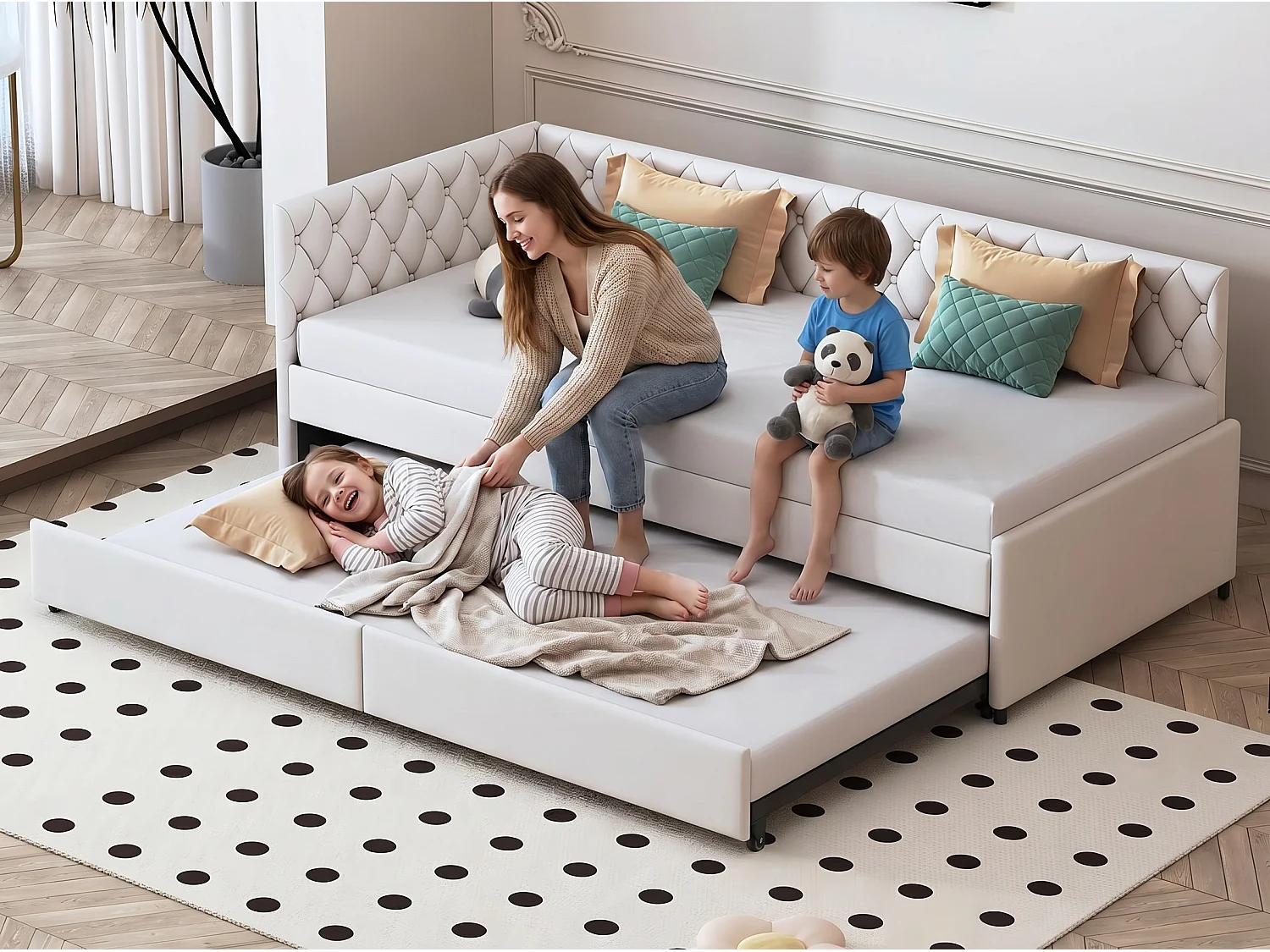 Canapé d’angle convertible avec lit gigogne et coffre, canapé lit 3 places, tissu beige, gain de place