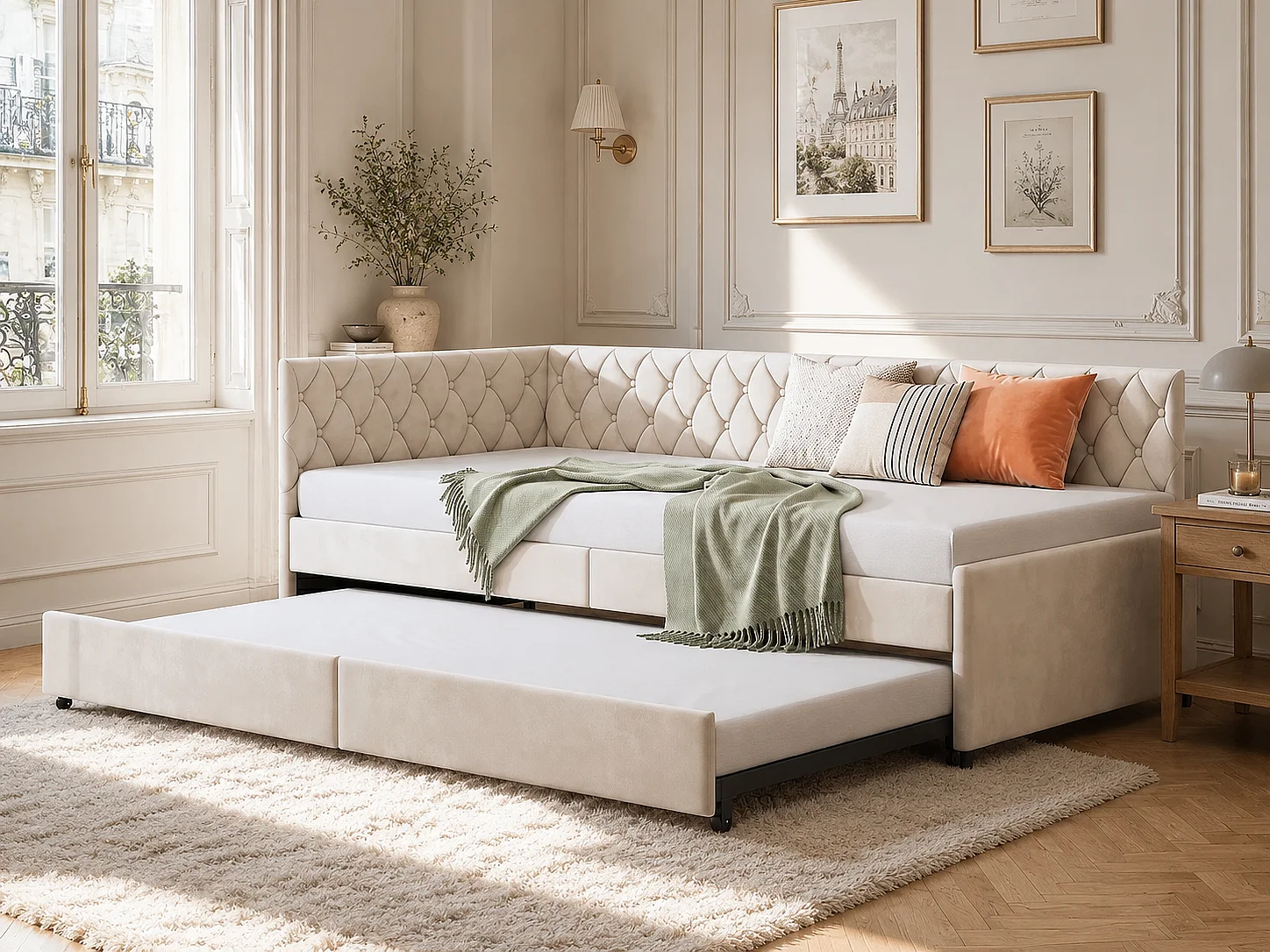 Canapé d’angle convertible avec lit gigogne et coffre, canapé lit 3 places, tissu beige, gain de place