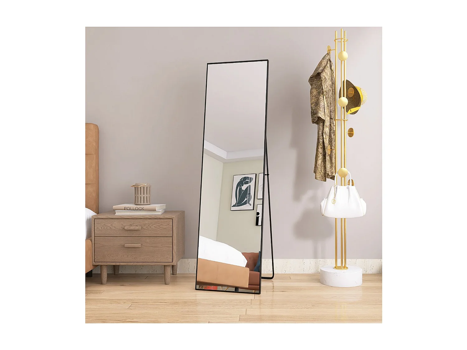 Miroir sur pied noir 140 x 40 cm, grand miroir plein pied, miroir de chambre à poser, cadre fin en métal, style moderne minimaliste