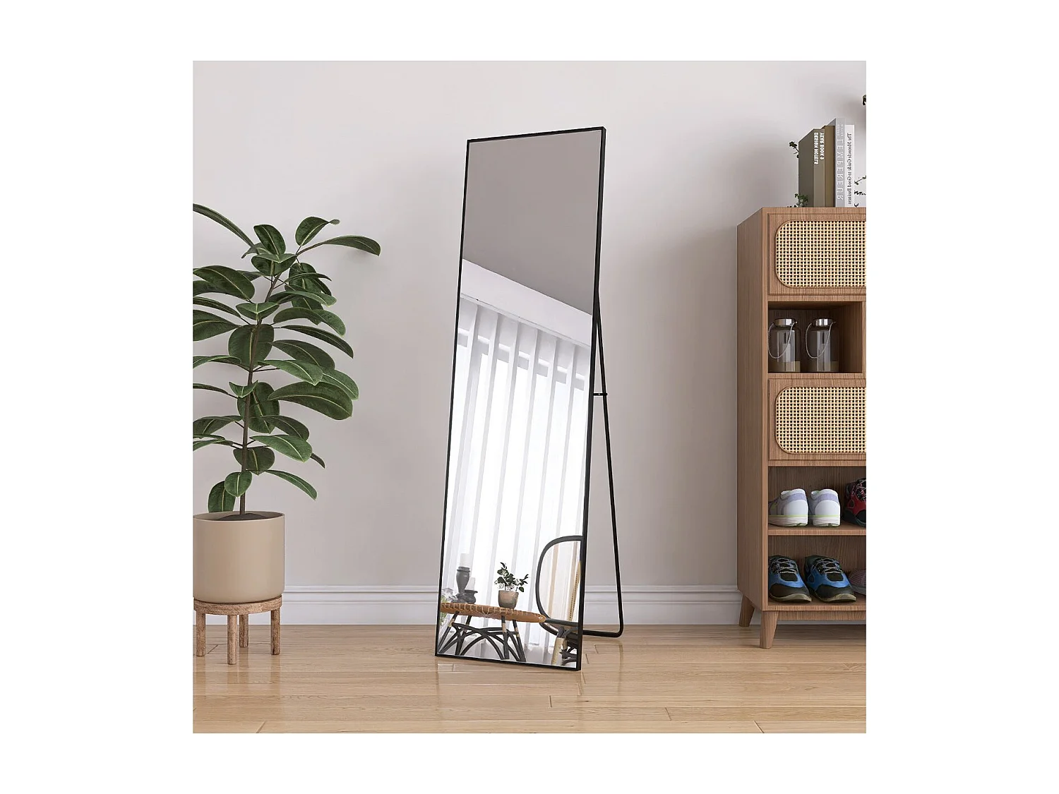 Miroir sur pied noir 140 x 40 cm, grand miroir plein pied, miroir de chambre à poser, cadre fin en métal, style moderne minimaliste