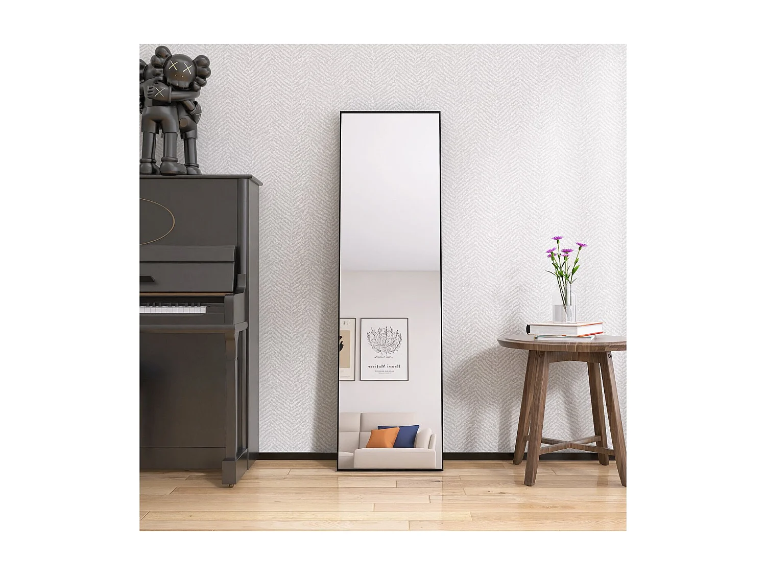 Miroir sur pied noir 140 x 40 cm, grand miroir plein pied, miroir de chambre à poser, cadre fin en métal, style moderne minimaliste