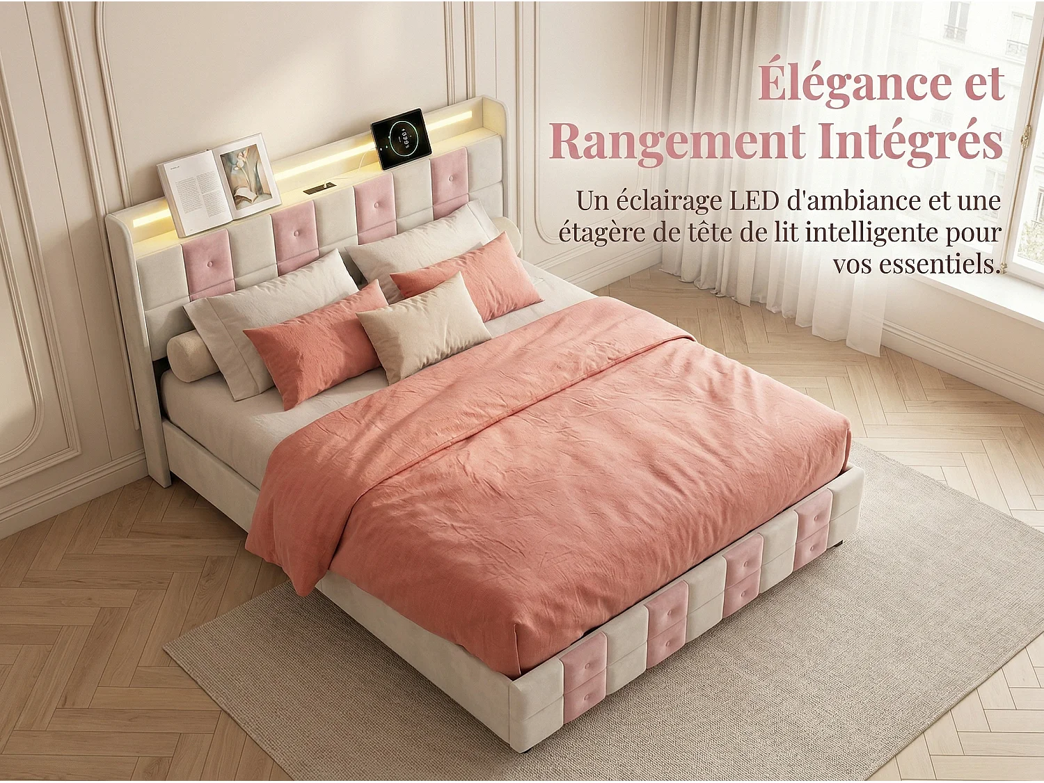 Lit 140x200 avec tiroirs, lit LED avec USB, lit double en velours, sommier à lattes, tête de lit capitonnée