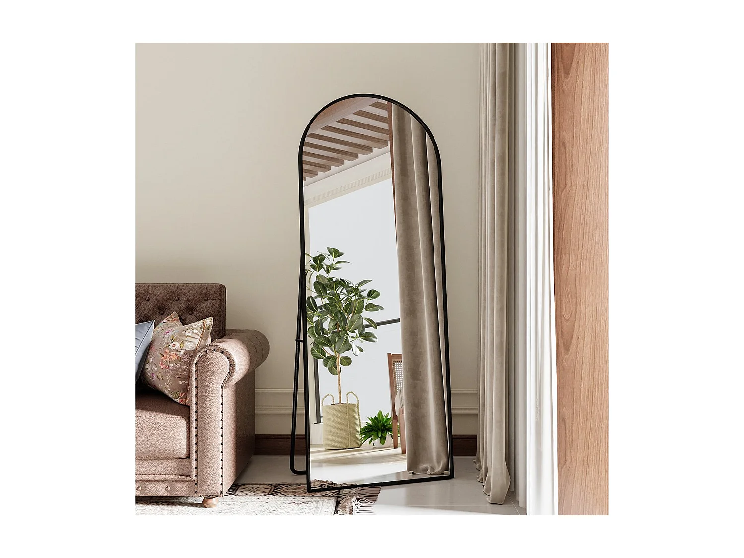 Miroir sur pied arche noir 165 x 60 cm, grand miroir plein pied, miroir de chambre à poser, cadre en aluminium, verre antidéflagrant