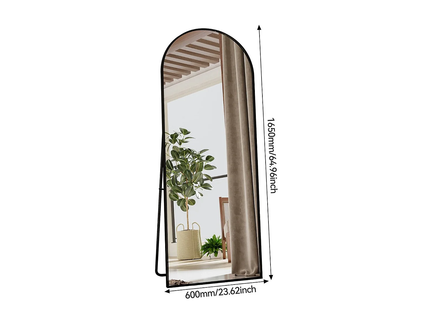 Miroir sur pied arche noir 165 x 60 cm, grand miroir plein pied, miroir de chambre à poser, cadre en aluminium, verre antidéflagrant