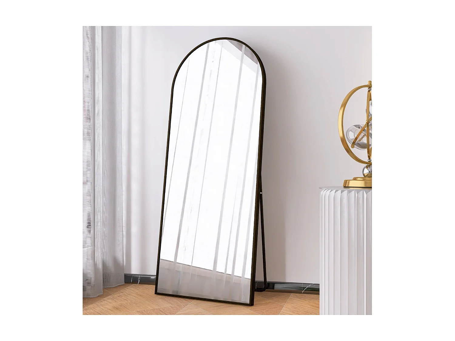 Miroir sur pied arche noir 165 x 60 cm, grand miroir plein pied, miroir de chambre à poser, cadre en aluminium, verre antidéflagrant