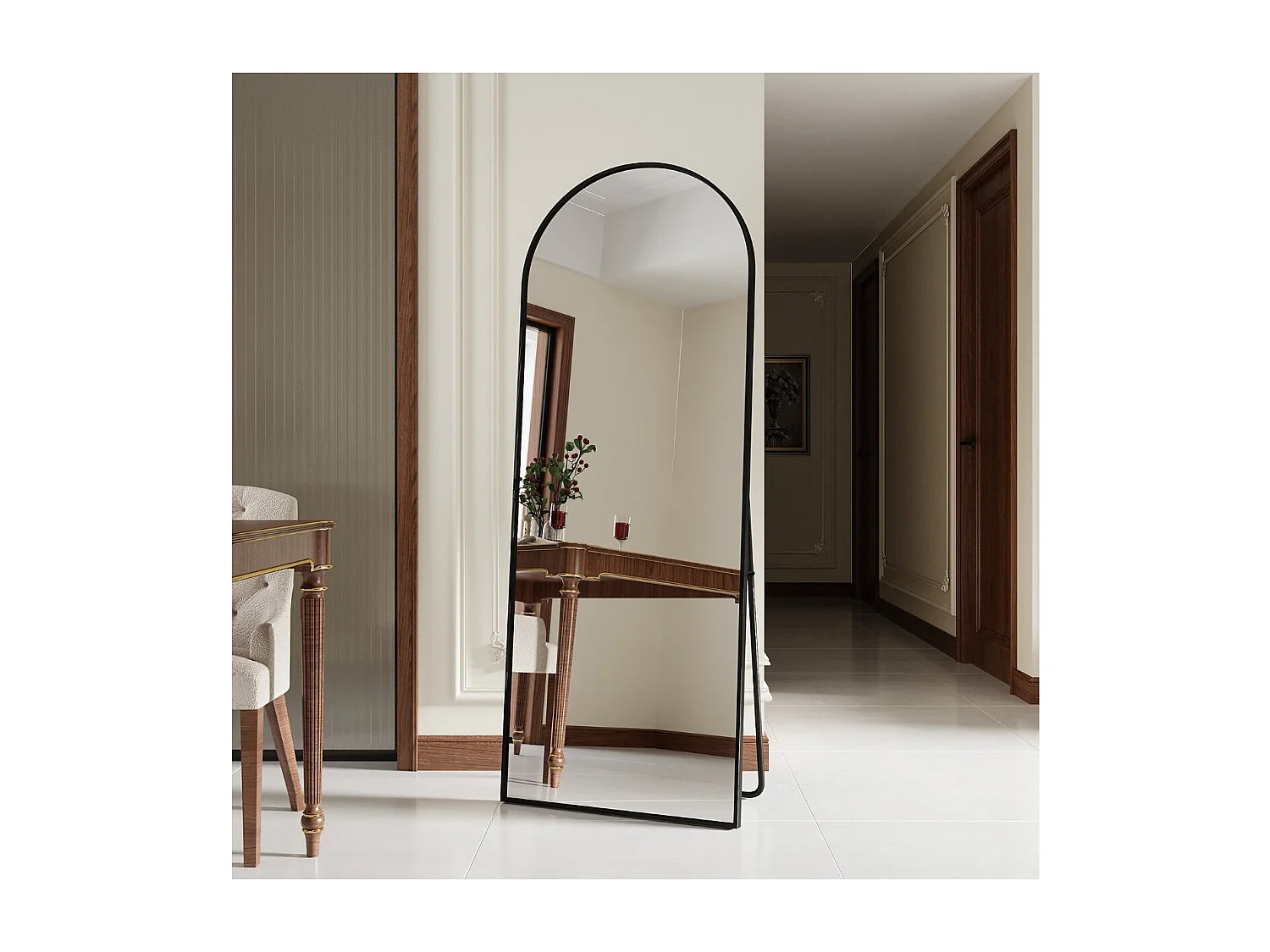 Miroir sur pied arche noir 165 x 60 cm, grand miroir plein pied, miroir de chambre à poser, cadre en aluminium, verre antidéflagrant