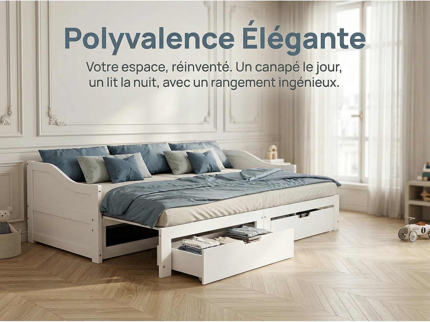 Lit gigogne 90x200 cm extensible 180x200 cm - Tiroirs de rangement - Lit simple transformable en double - Cadre en bois