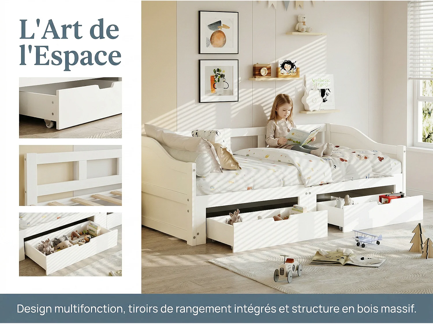 Lit gigogne 90x200 cm extensible 180x200 cm - Tiroirs de rangement - Lit simple transformable en double - Cadre en bois