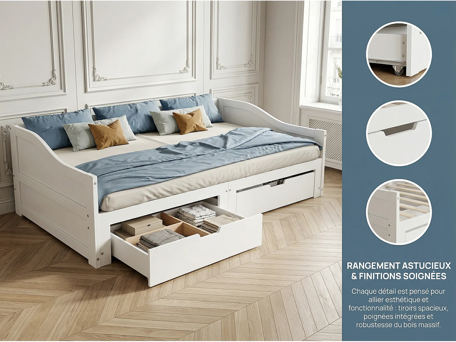 Lit gigogne 90x200 cm extensible 180x200 cm - Tiroirs de rangement - Lit simple transformable en double - Cadre en bois