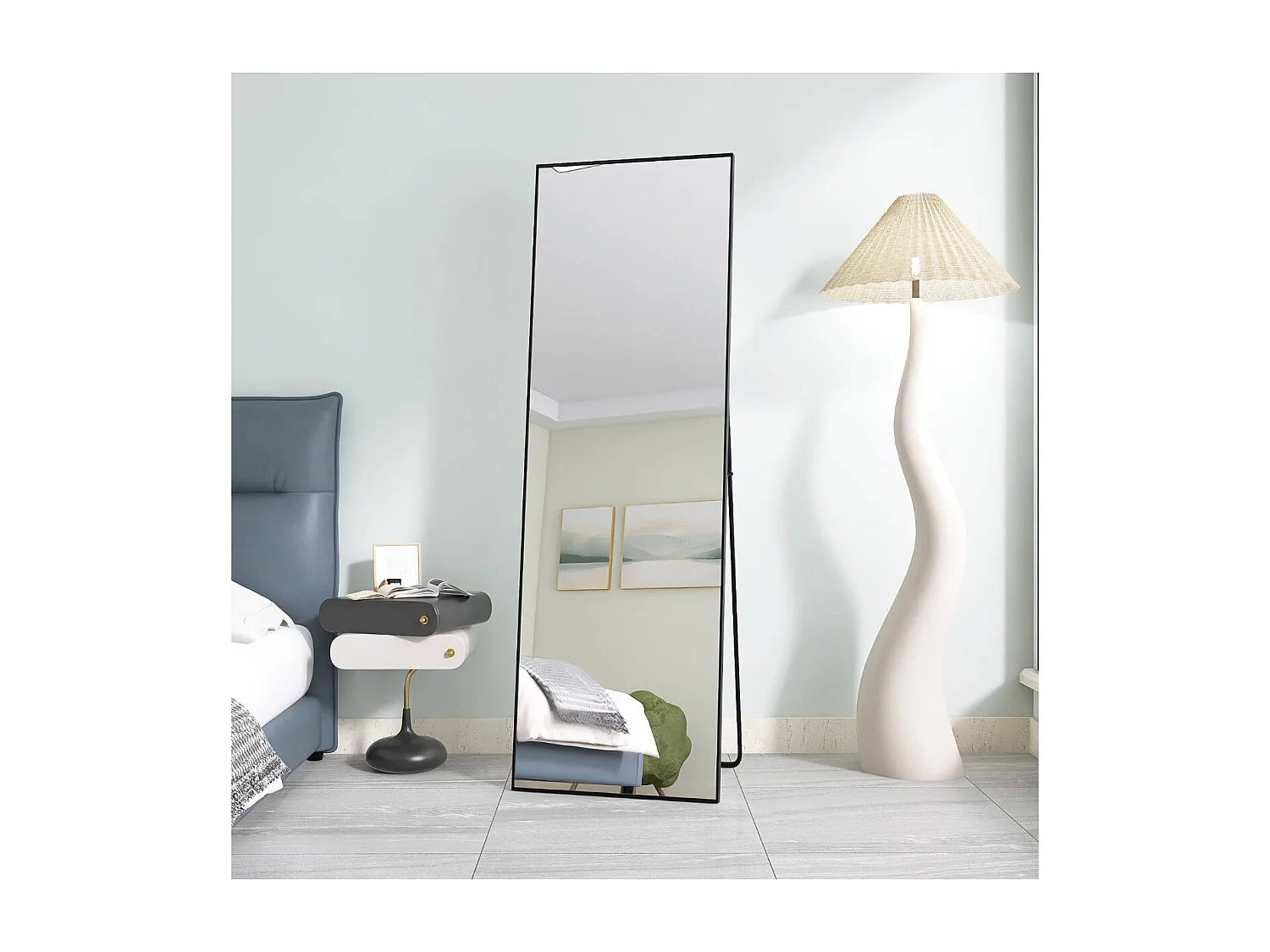 Miroir sur pied noir 165 x 60 cm, grand miroir plein pied, miroir de chambre à poser, cadre fin en métal, style moderne minimaliste