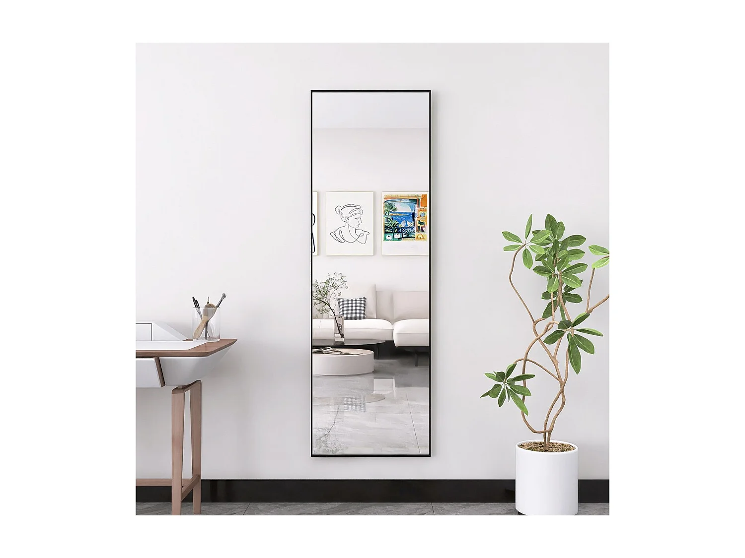 Miroir sur pied noir 165 x 60 cm, grand miroir plein pied, miroir de chambre à poser, cadre fin en métal, style moderne minimaliste