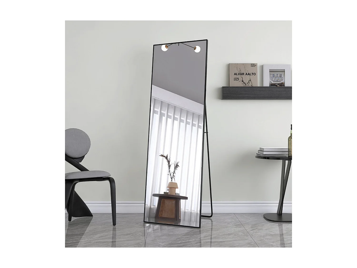 Miroir sur pied noir 165 x 60 cm, grand miroir plein pied, miroir de chambre à poser, cadre fin en métal, style moderne minimaliste