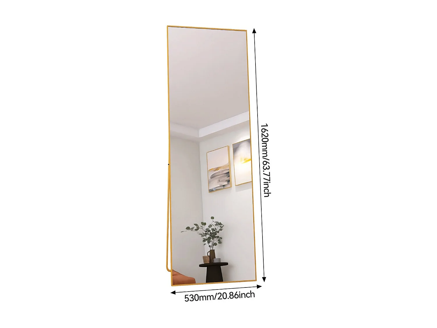 Miroir sur pied doré 162 x 53 cm, grand miroir plein pied, miroir de chambre à poser, cadre fin en métal, style moderne élégant