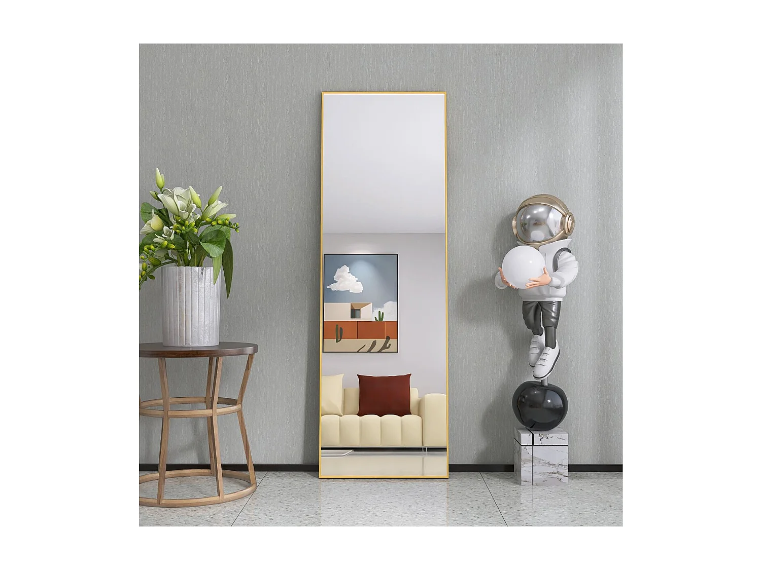Miroir sur pied doré 162 x 53 cm, grand miroir plein pied, miroir de chambre à poser, cadre fin en métal, style moderne élégant