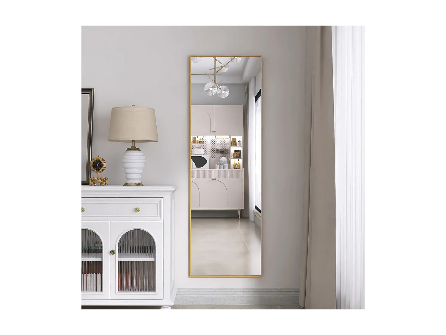 Miroir sur pied doré 162 x 53 cm, grand miroir plein pied, miroir de chambre à poser, cadre fin en métal, style moderne élégant