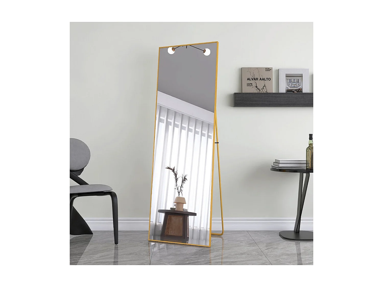 Miroir sur pied noir 162 x 53 cm, grand miroir plein pied, miroir de chambre à poser, cadre fin en métal, style moderne minimaliste