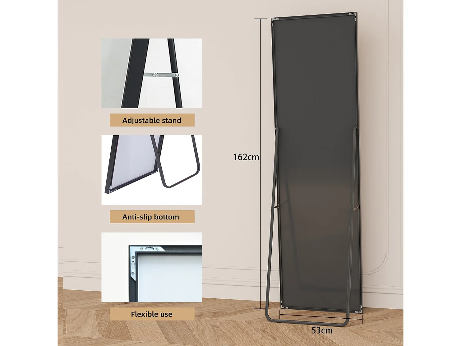Miroir sur Pied 162x53 cm avec Cadre Aluminium Noir, Grand Miroir Plein Pied Design pour Chambre Dressing