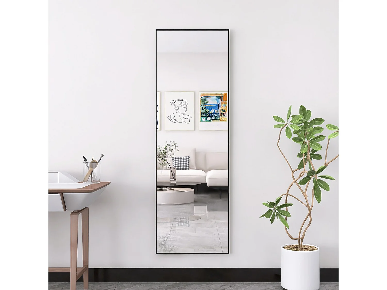 Miroir sur Pied 162x53 cm avec Cadre Aluminium Noir, Grand Miroir Plein Pied Design pour Chambre Dressing