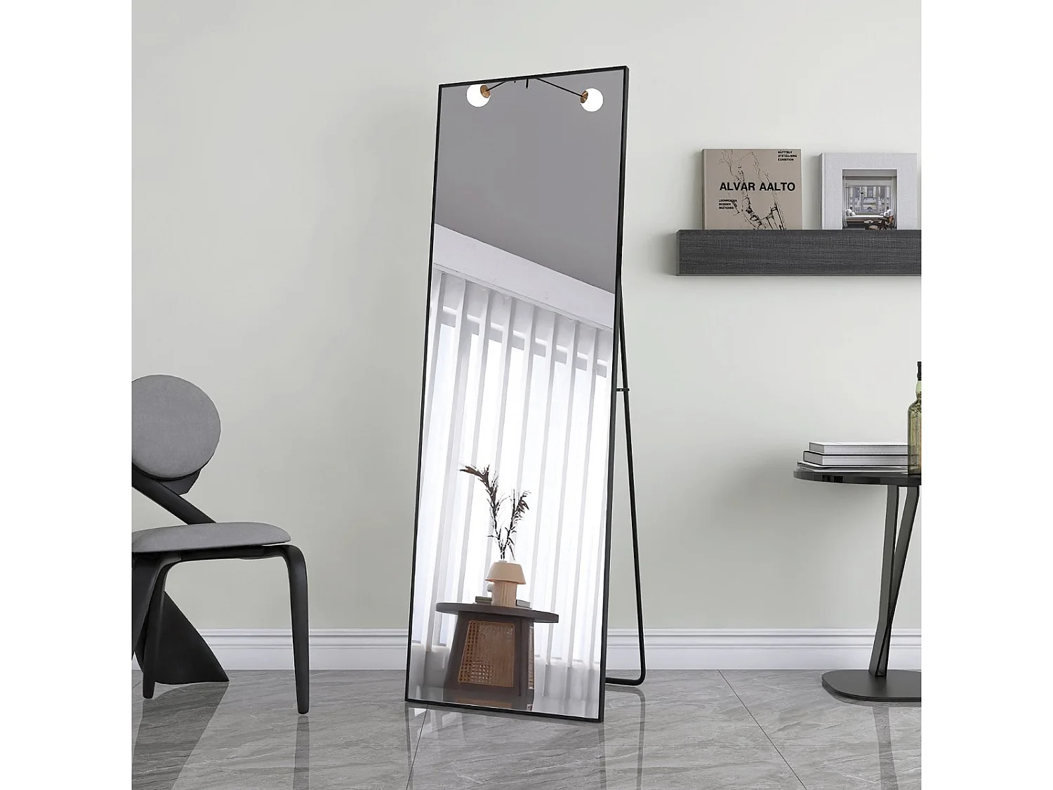 Miroir sur Pied 162x53 cm avec Cadre Aluminium Noir, Grand Miroir Plein Pied Design pour Chambre Dressing