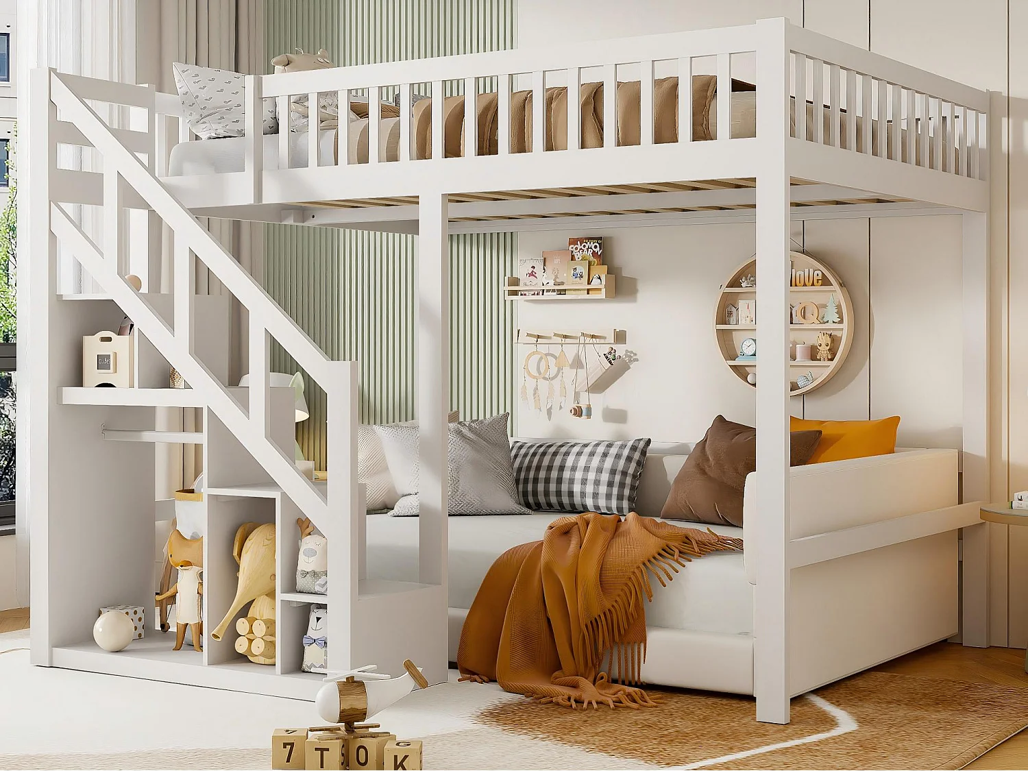Lit mezzanine enfant 140x200 cm avec escalier de rangement, lit en bois massif avec barrières, gain de place, blanc