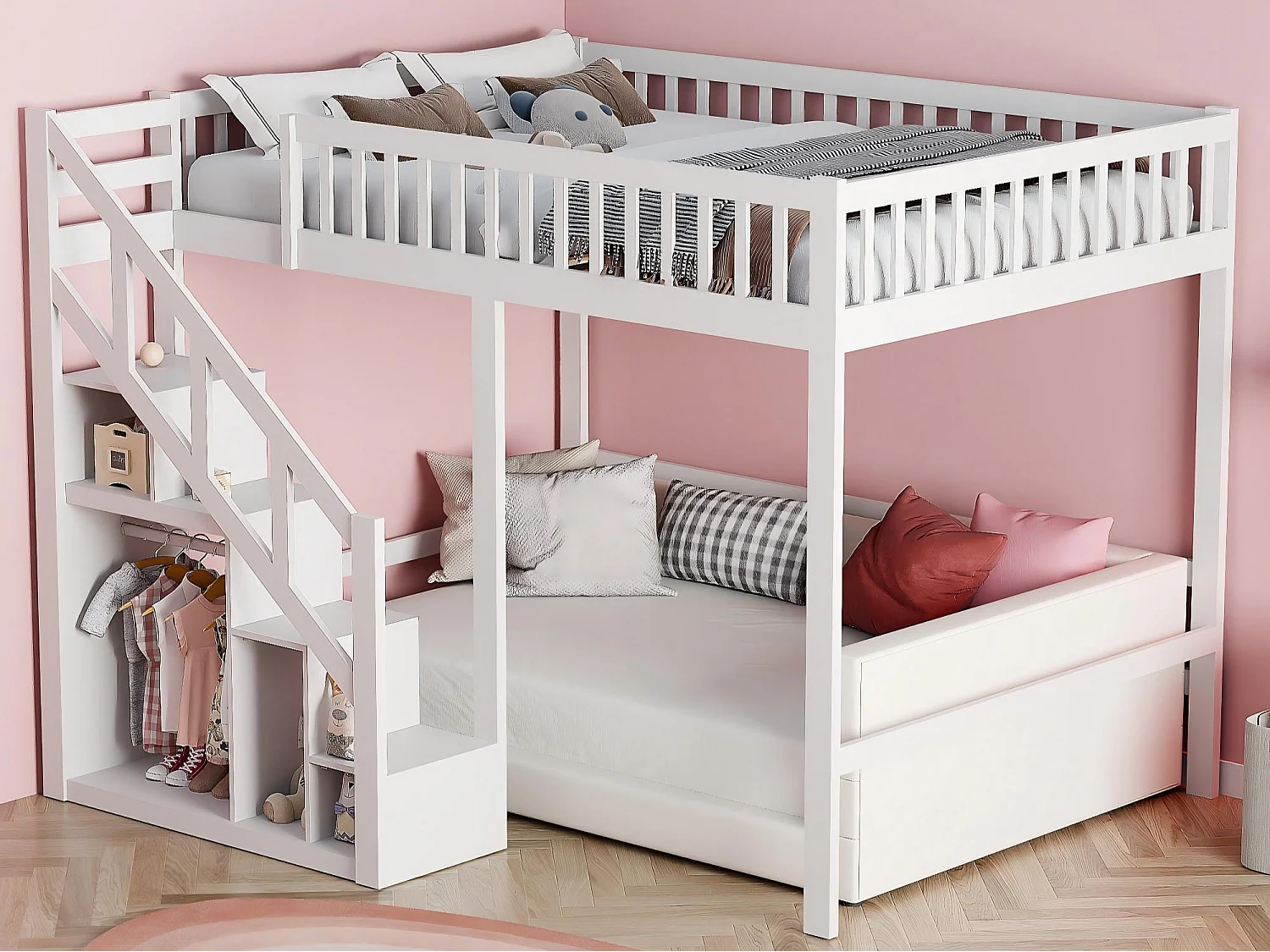 Lit mezzanine enfant 140x200 cm avec escalier de rangement, lit en bois massif avec barrières, gain de place, blanc