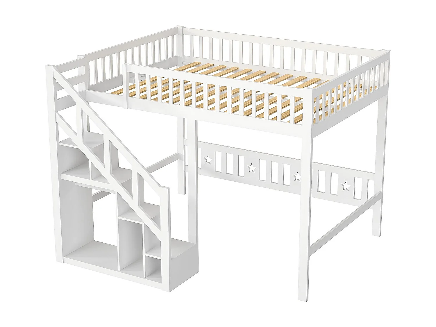 Lit mezzanine enfant 140x200 cm avec escalier de rangement, lit en bois massif avec barrières, gain de place, blanc