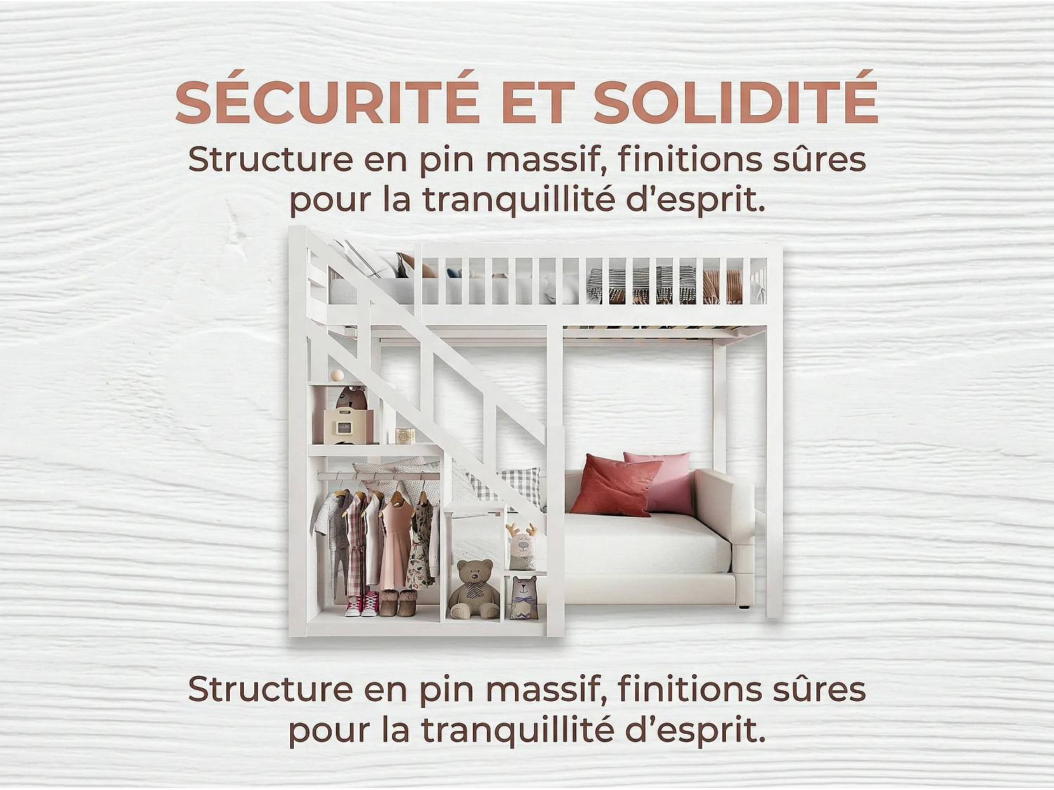 Lit mezzanine enfant en bois massif 140x200cm avec escalier de rangement - barrières - blanc