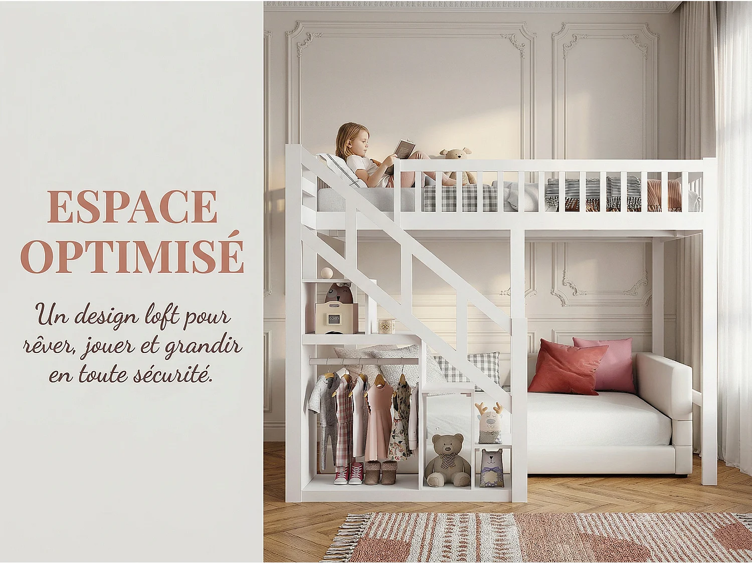 Lit mezzanine enfant en bois massif 140x200cm avec escalier de rangement - barrières - blanc