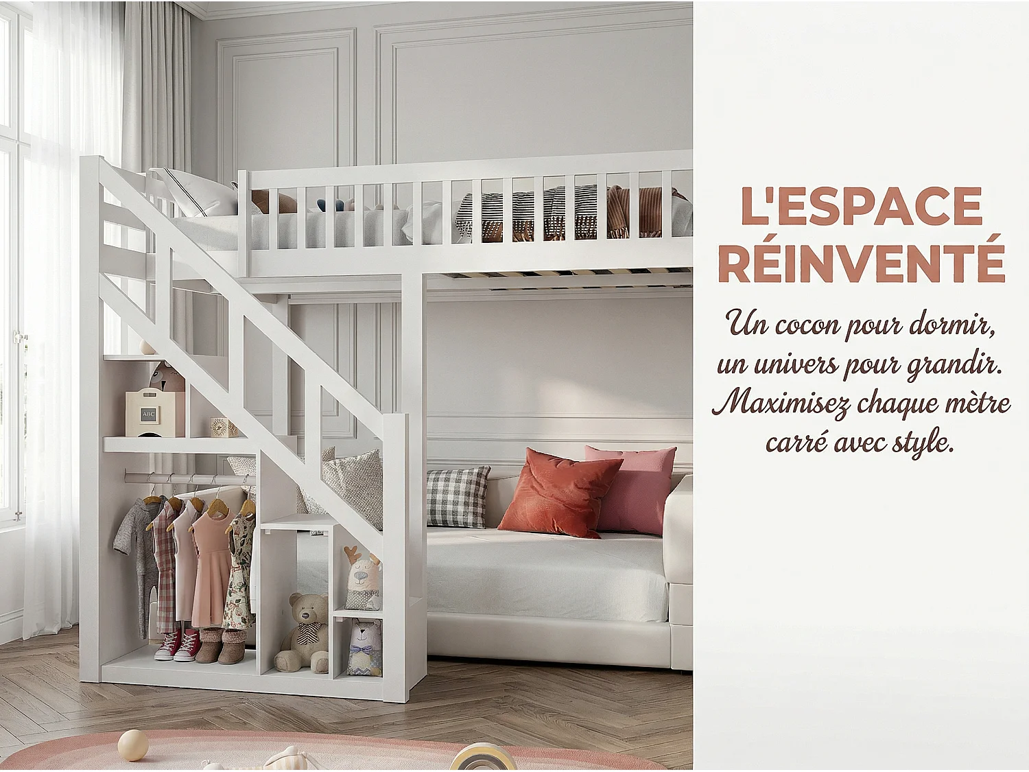 Lit mezzanine enfant en bois massif 140x200cm avec escalier de rangement - barrières - blanc