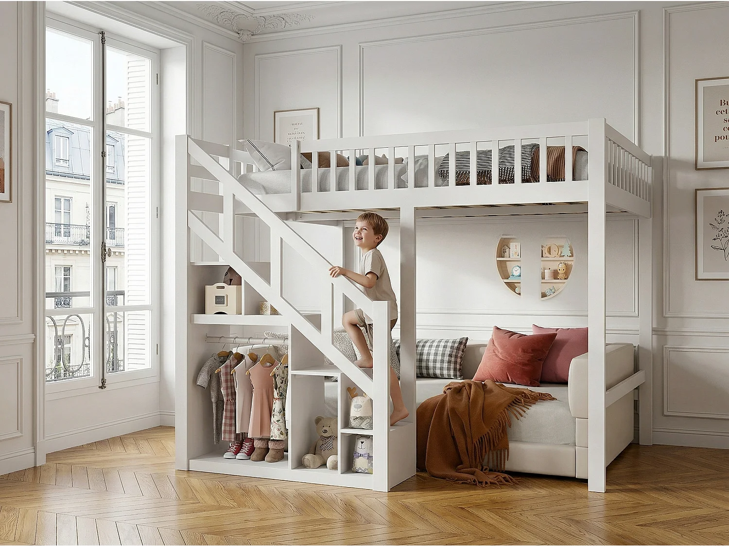 Lit mezzanine enfant en bois massif 140x200cm avec escalier de rangement - barrières - blanc