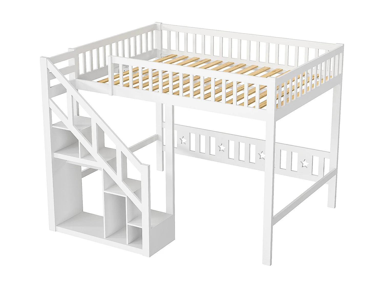 Lit mezzanine enfant en bois massif 140x200cm avec escalier de rangement - barrières - blanc