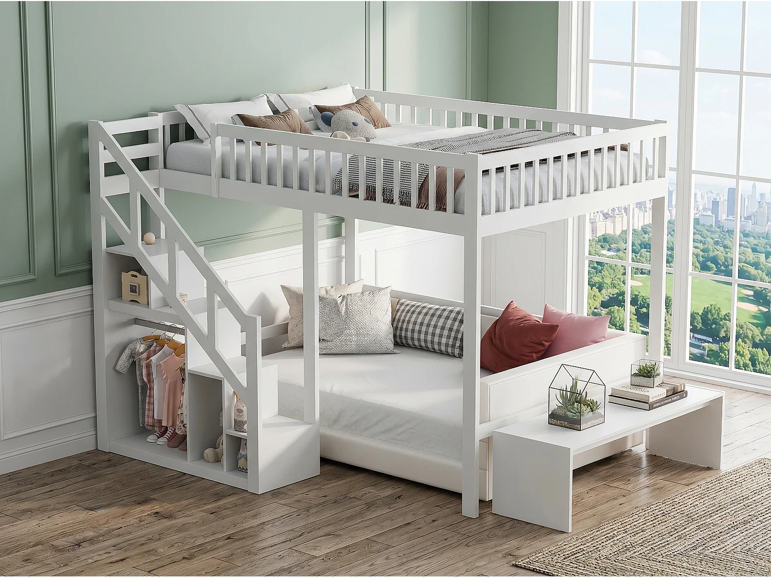 Lit mezzanine enfant en bois massif 140x200cm avec escalier de rangement - barrières - blanc