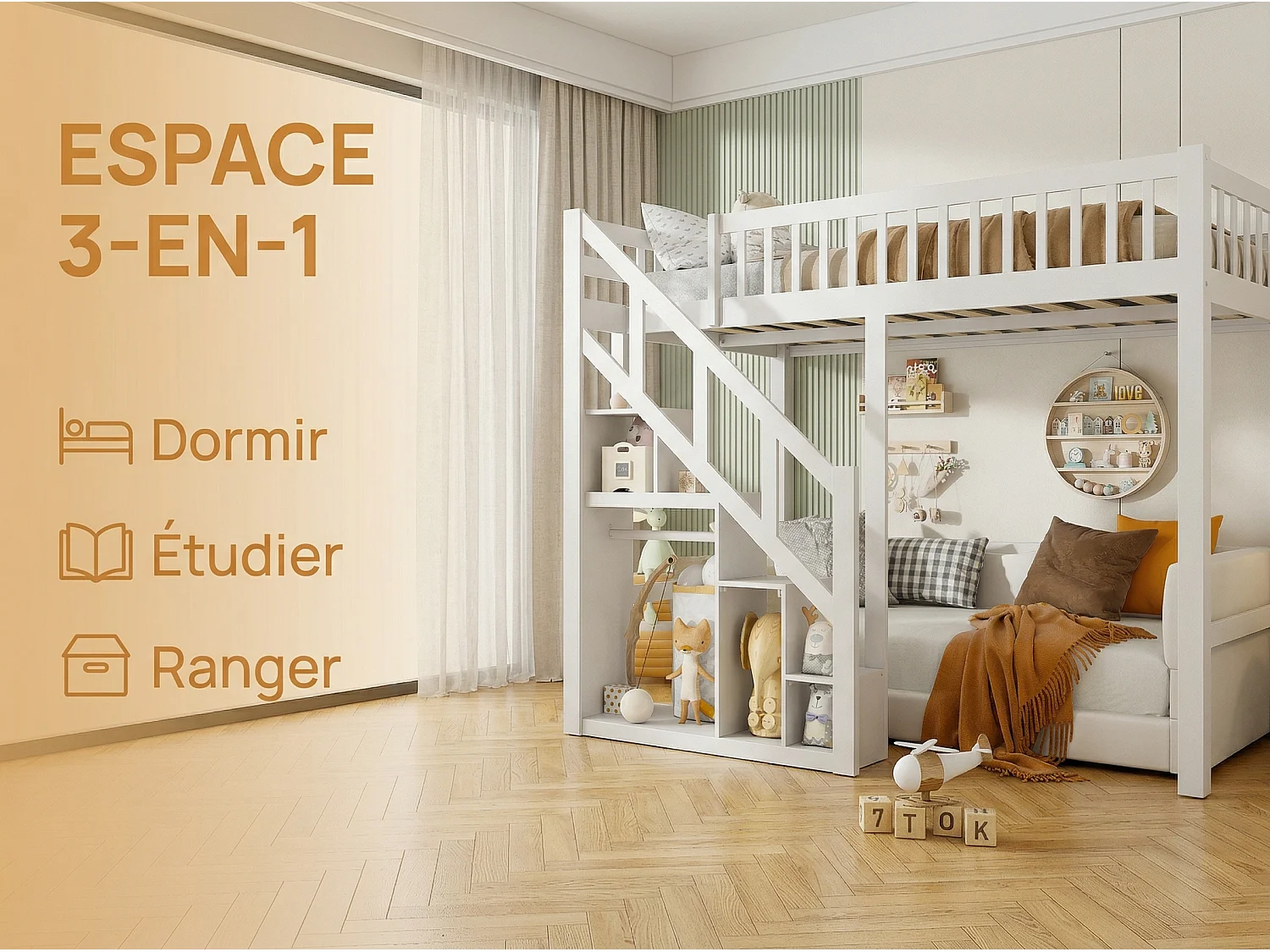 Lit mezzanine enfant 90x200 cm avec escalier de rangement, lit en bois massif avec barrières, gain de place, blanc