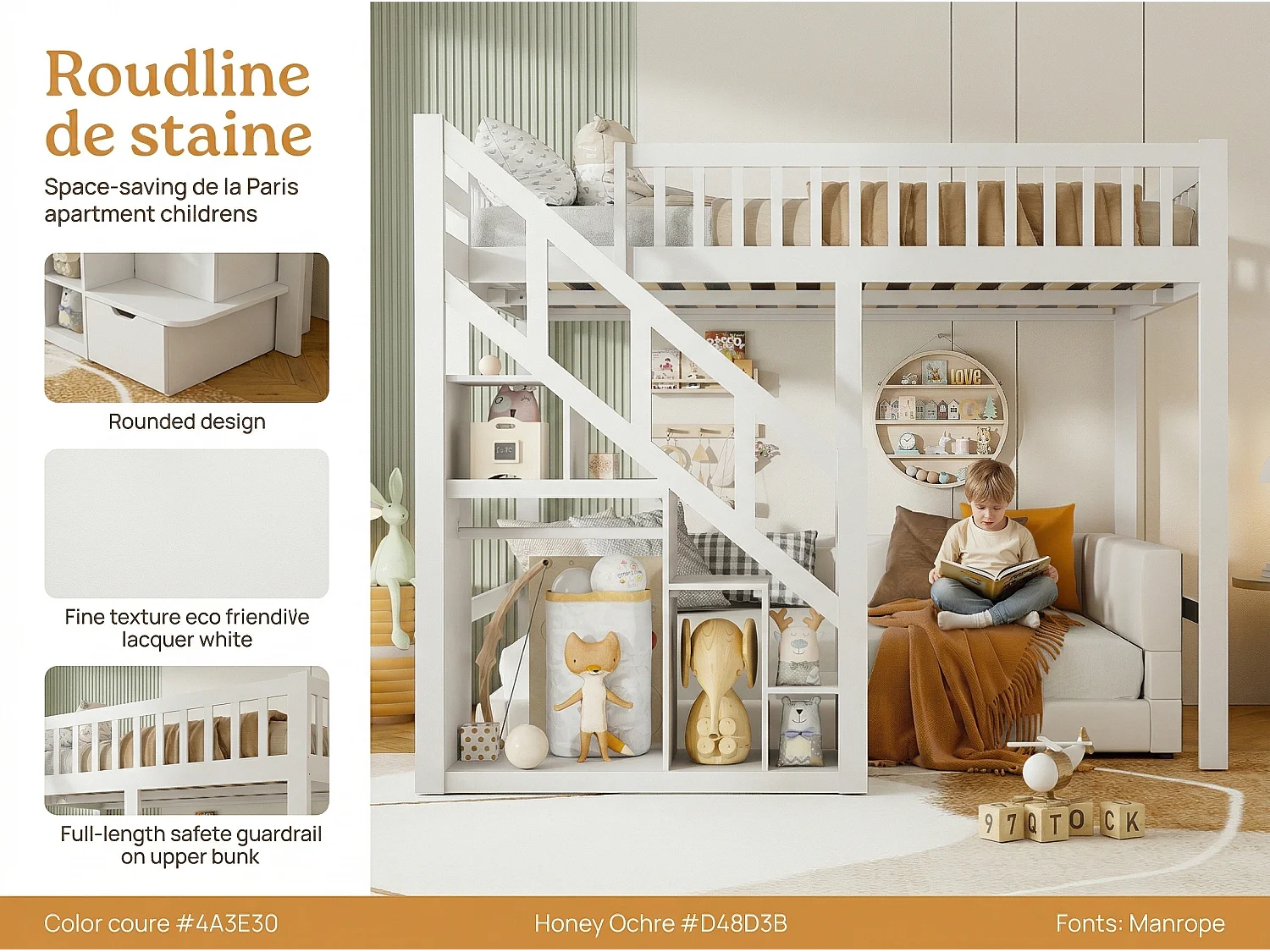 Lit mezzanine enfant 90x200 cm avec escalier de rangement, lit en bois massif avec barrières, gain de place, blanc