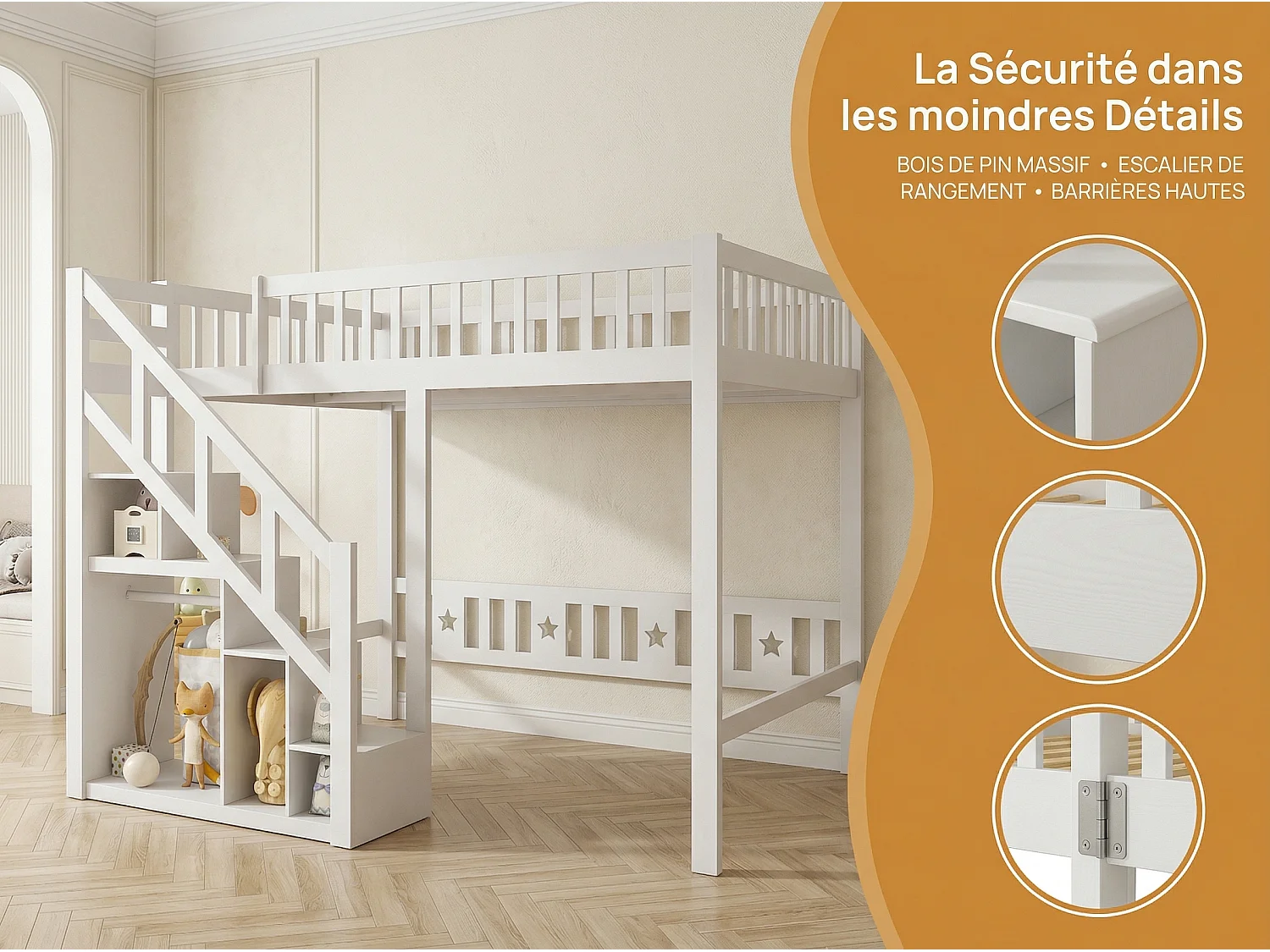 Lit mezzanine enfant en bois massif 90x200cm avec escalier de rangement - barrières - blanc