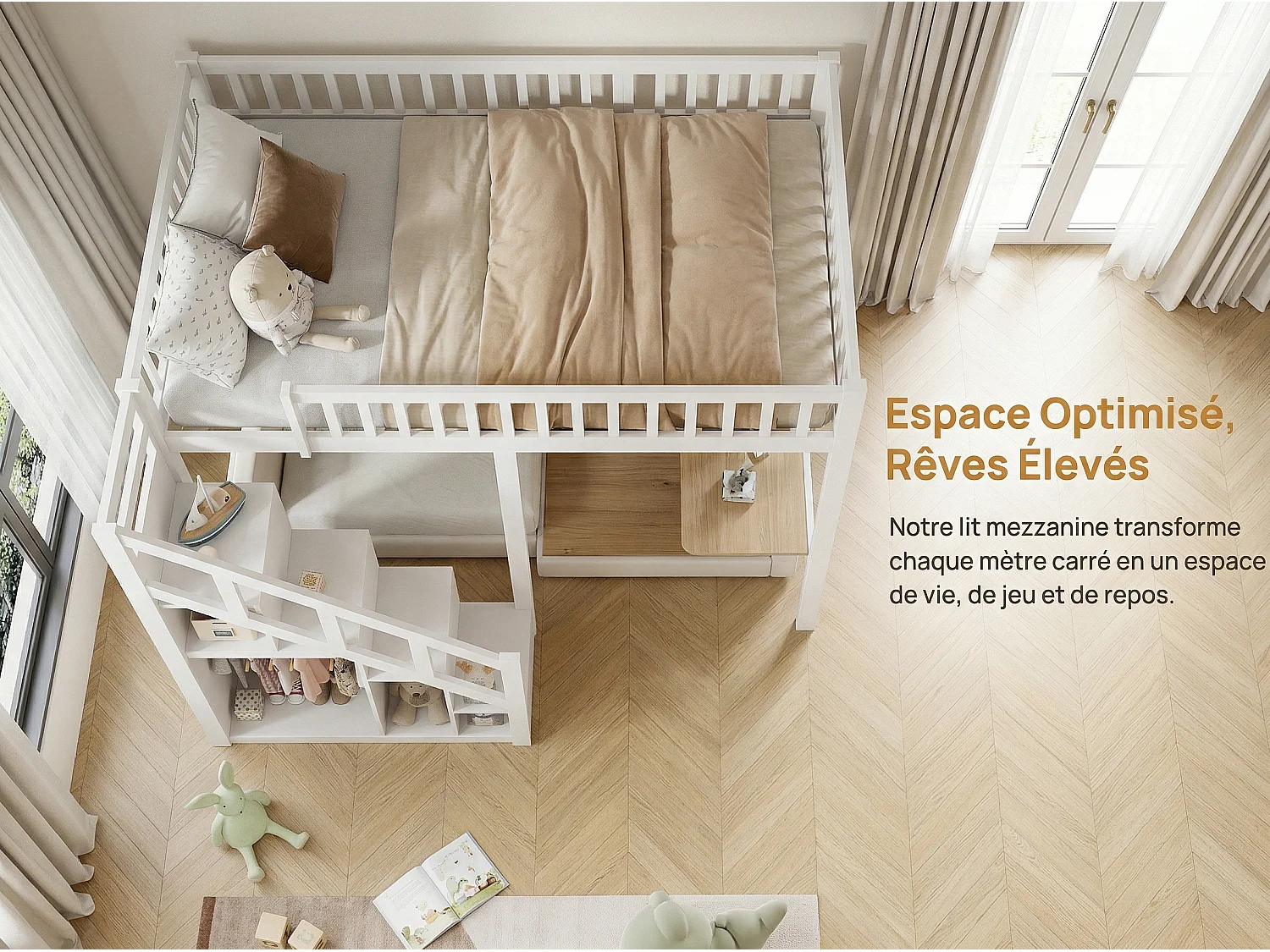 Lit mezzanine enfant en bois massif 90x200cm avec escalier de rangement - barrières - blanc