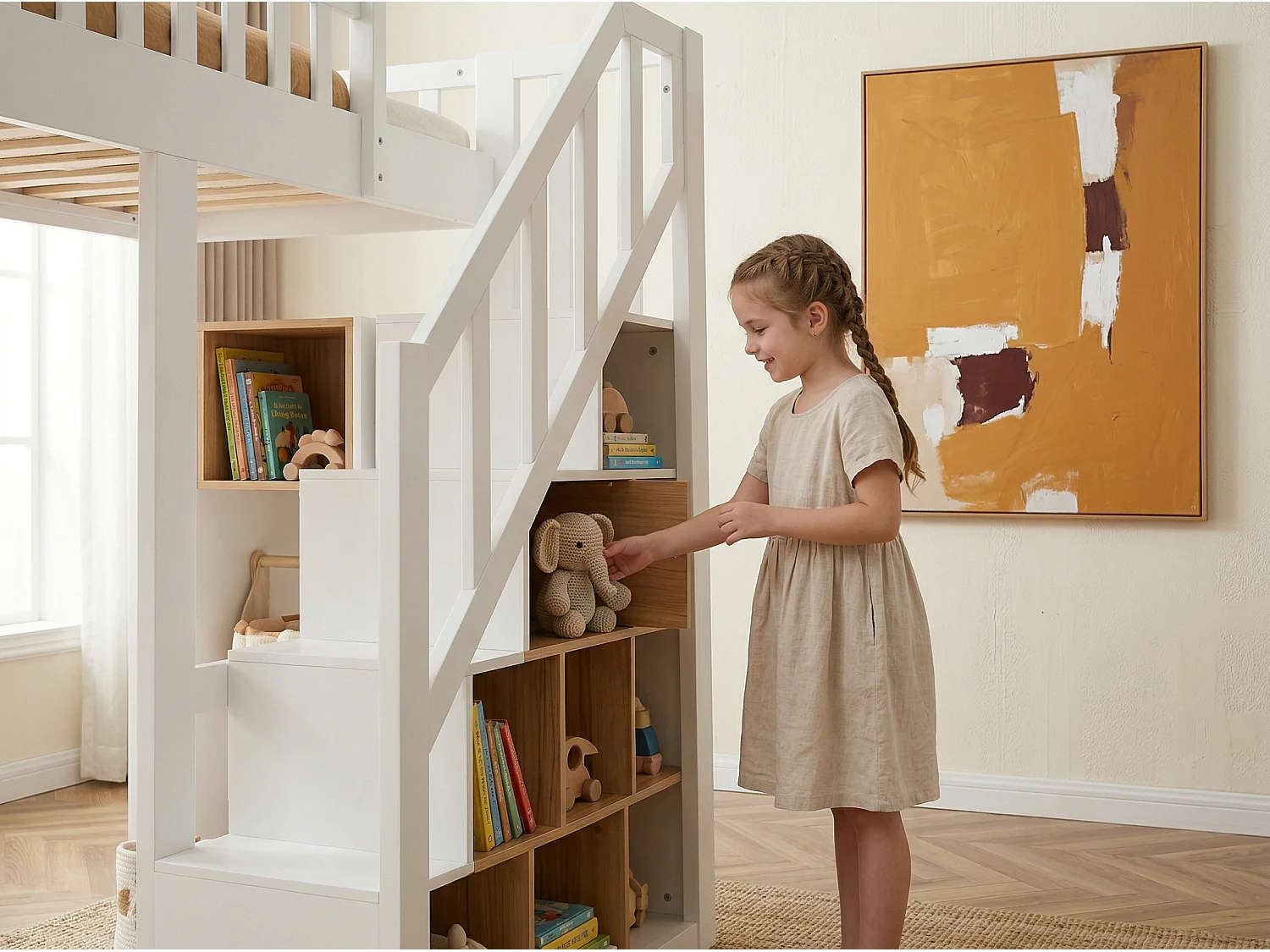 Lit mezzanine enfant en bois massif 90x200cm avec escalier de rangement - barrières - blanc