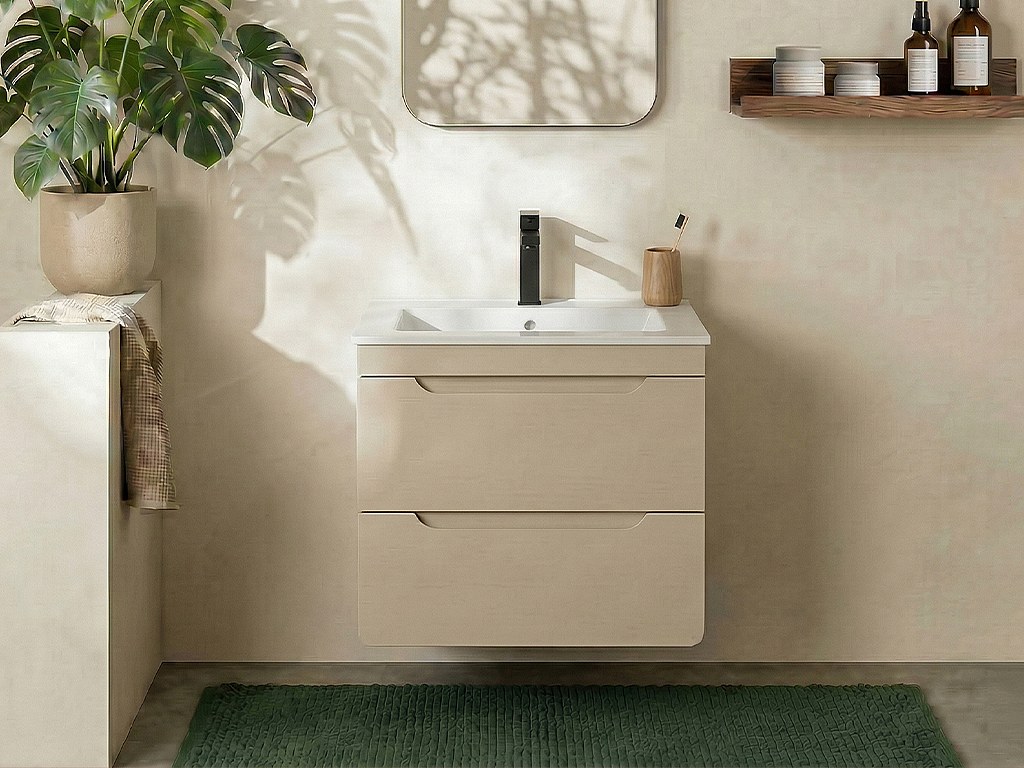 Väggmonterad badrumsmöbel med inbyggt handfat - Beige - 60 cm - ARUBA