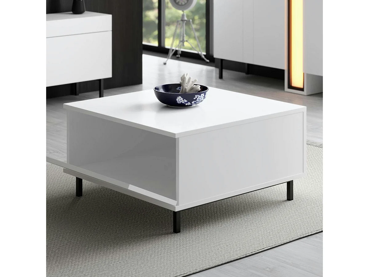 Table basse blanche carrée avec coffre de rangement AURA