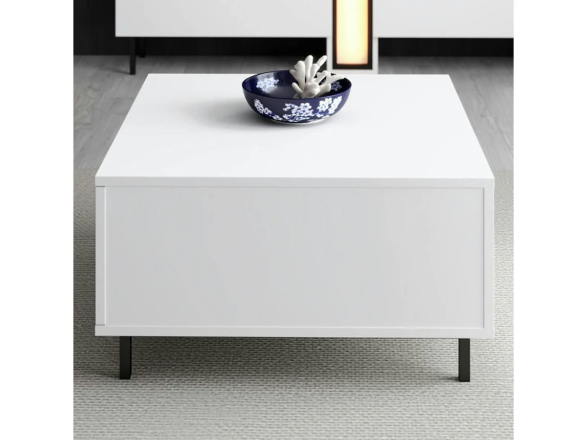 Table basse blanche carrée avec coffre de rangement AURA