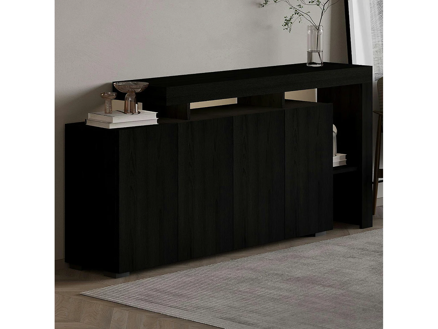 Buffet 4 portes décor bois noir à cadre ouvert AURA