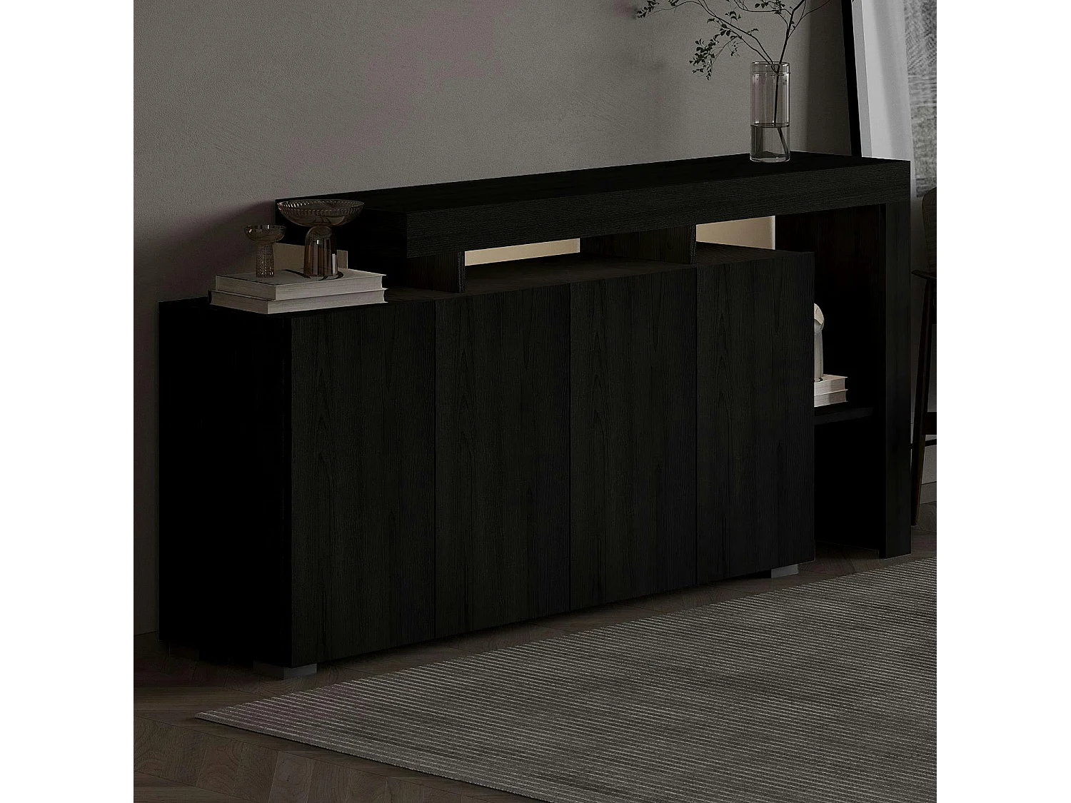 Buffet 4 portes décor bois noir à cadre ouvert AURA