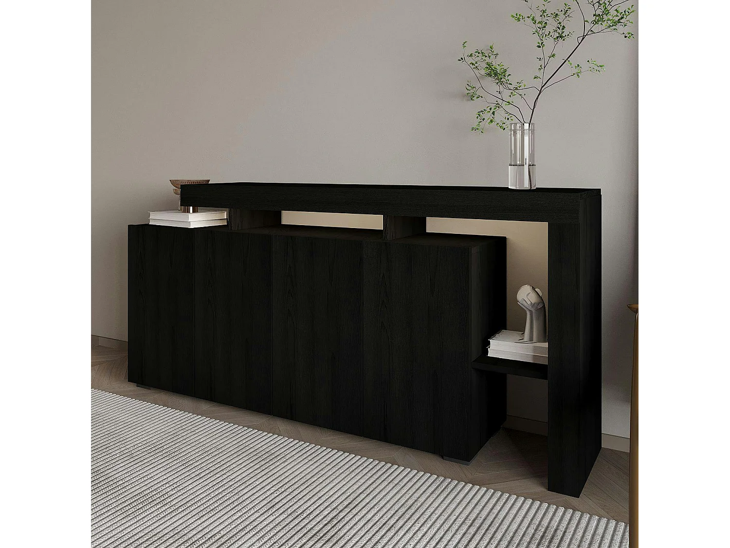 Buffet 4 portes décor bois noir à cadre ouvert AURA