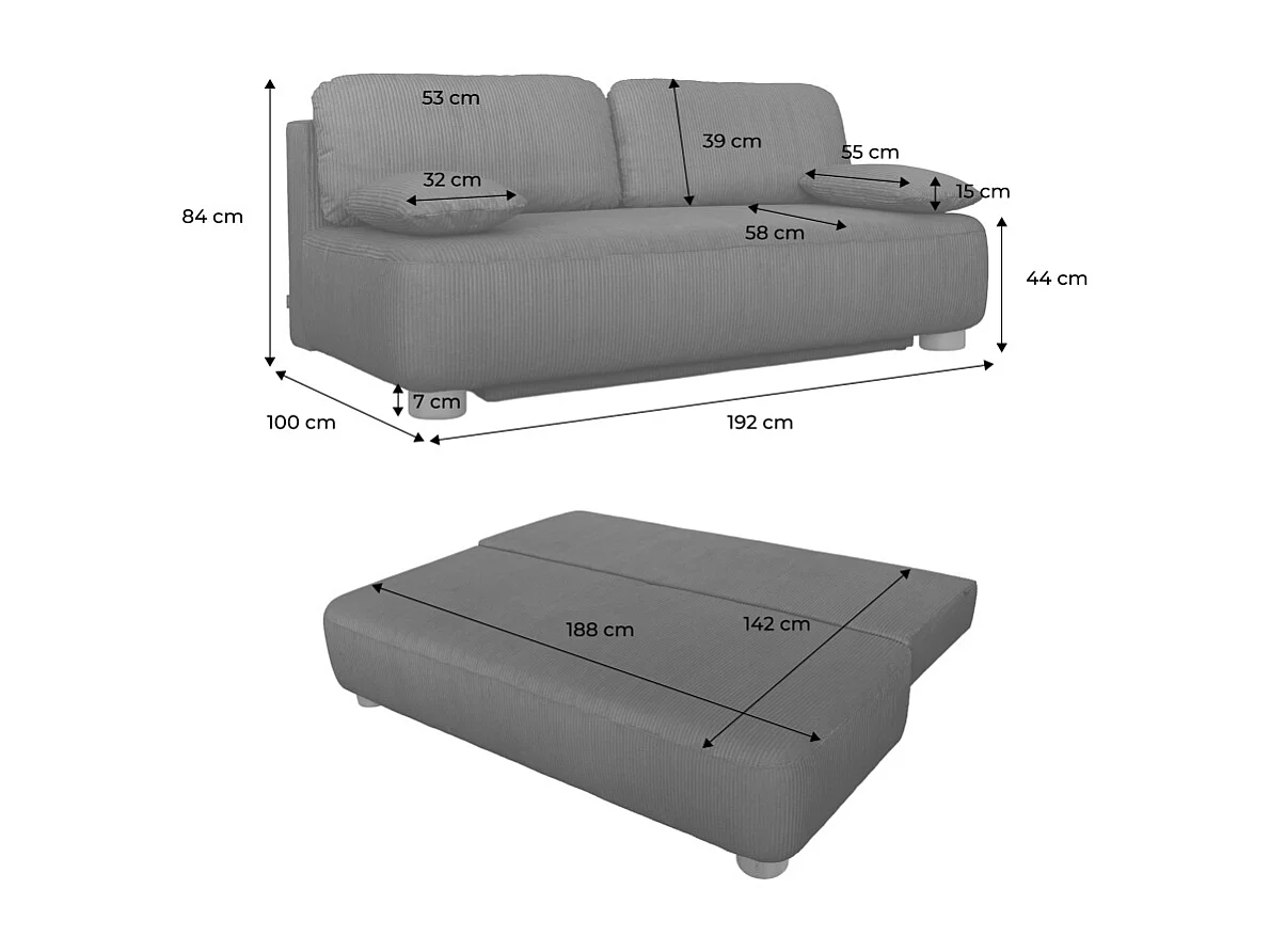 Divano letto in velluto a coste, 3 posti, beige grigio